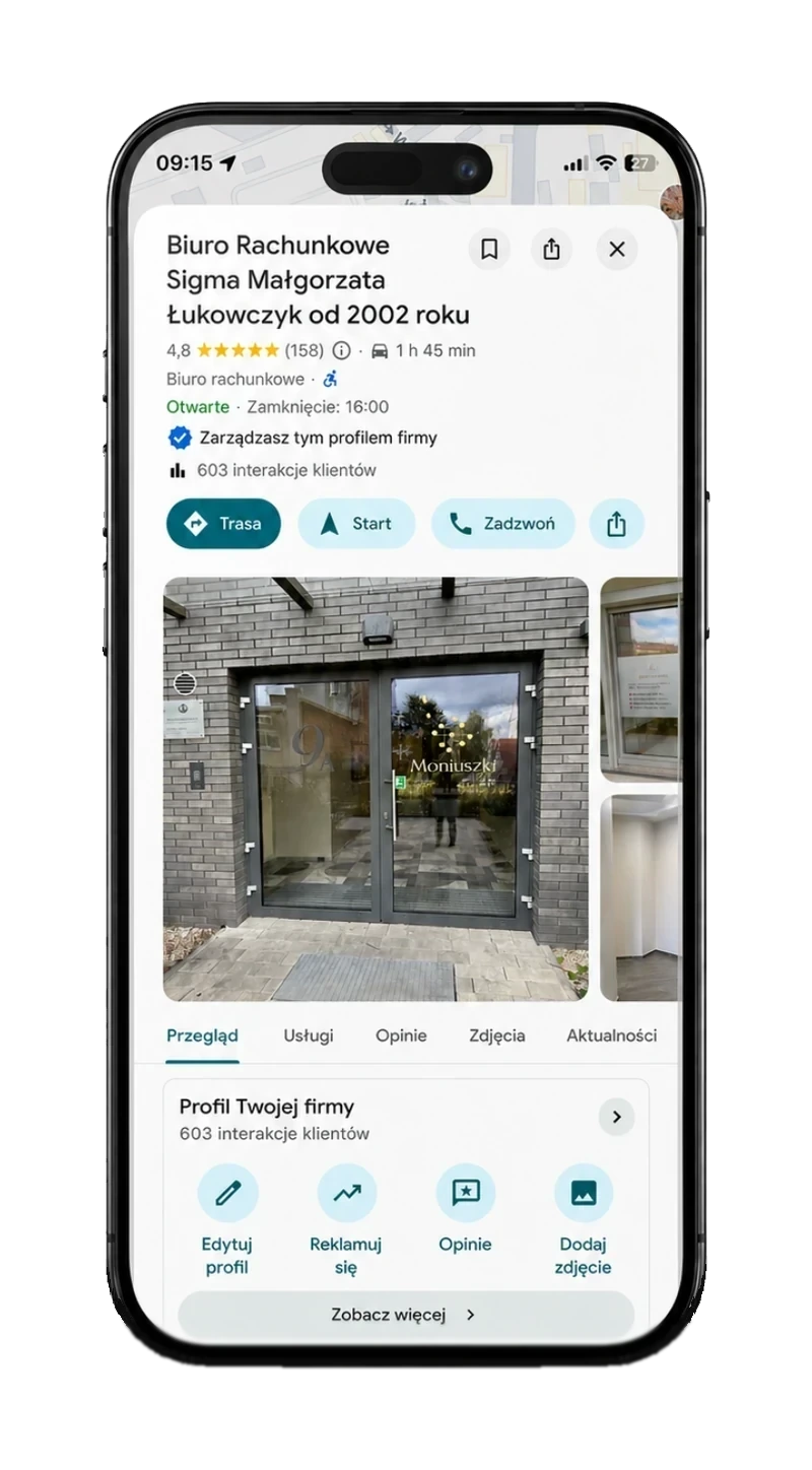 Profil Firmy w Google biura rachunkowego na telefonie