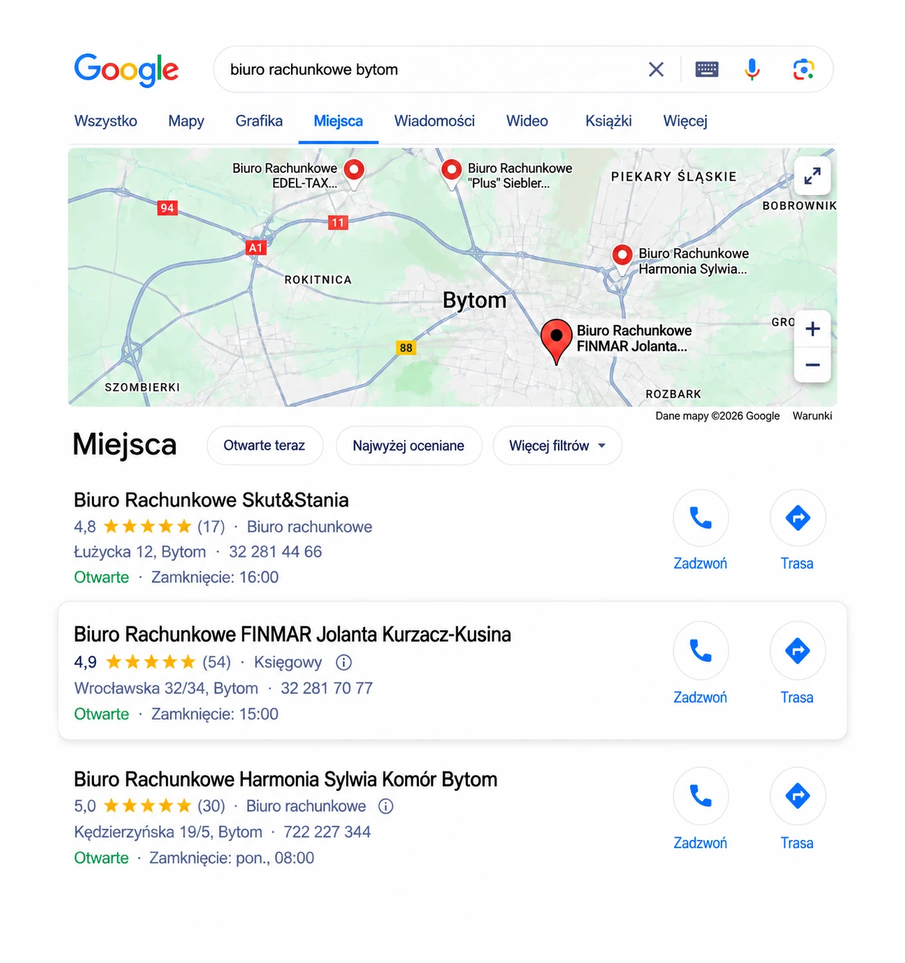 Wyniki wyszukiwania biur rachunkowych w Google z wyróżnioną wizytówką